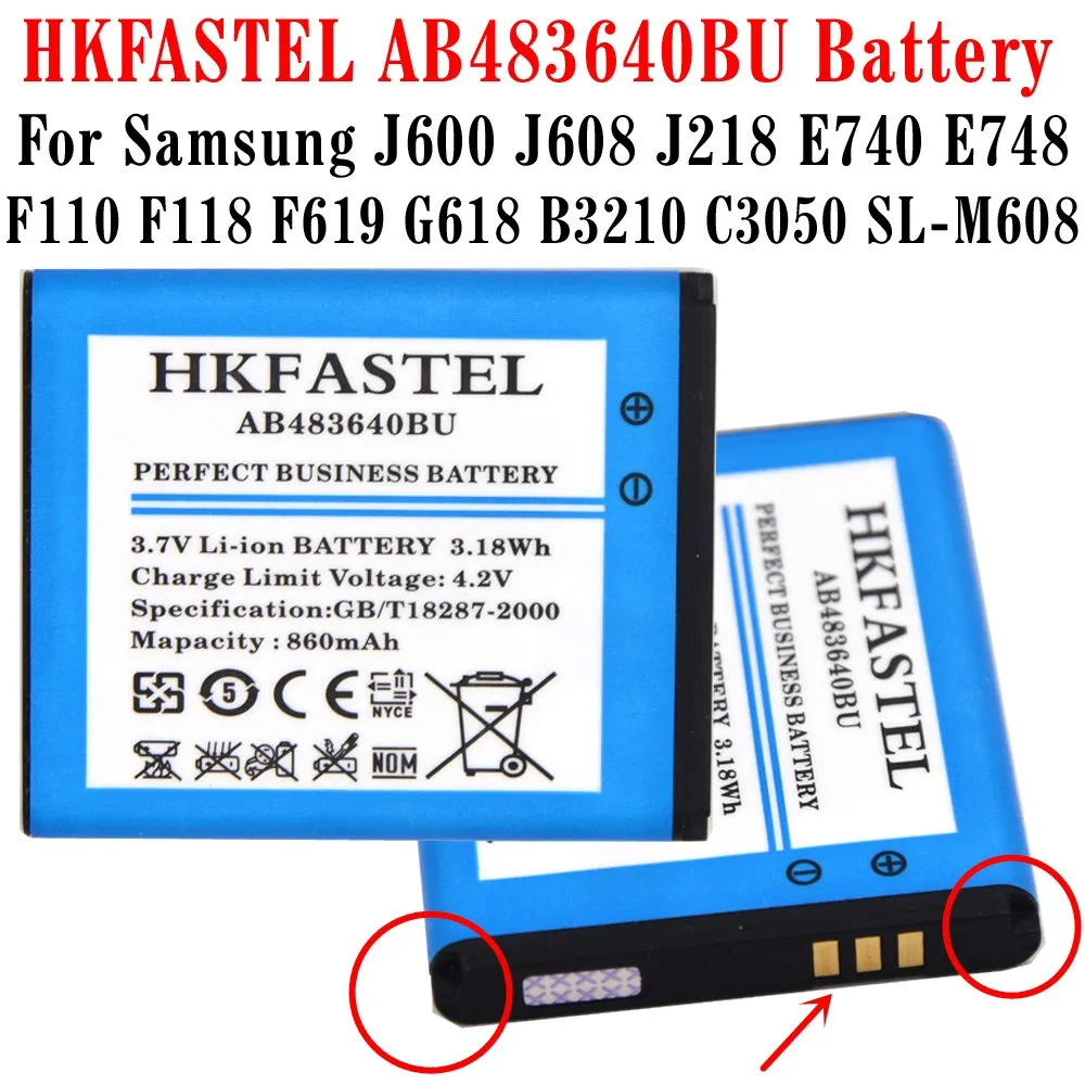 Аккумулятор HKFASTEL AB483640BU для Samsung J600 J608 J218 B3210 C3050 E740 E748 F110 F118 F619 G618|battery for samsung|battery