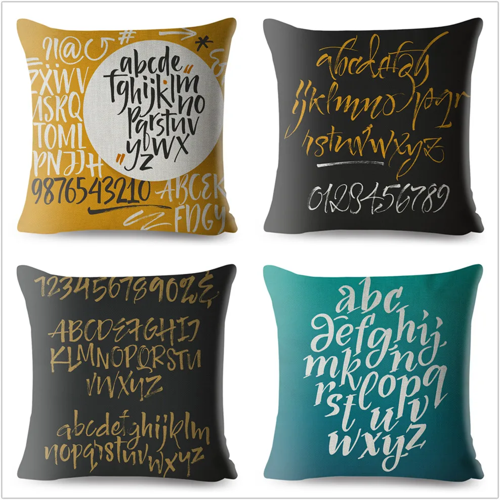 Ink Letter And Number Print Pillowcase Beige Linen Cushion Cover 45*45 Square Throw Pillows Covers Sofa Home Decor Pillow Case | Дом и сад