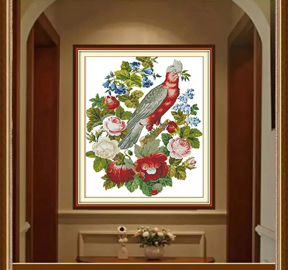 

Parrots and flowers Cross Stitch Kits Bird Printed pattern canvas Fabric Embroidery Needlework set Big Cross-stitch Decorative
