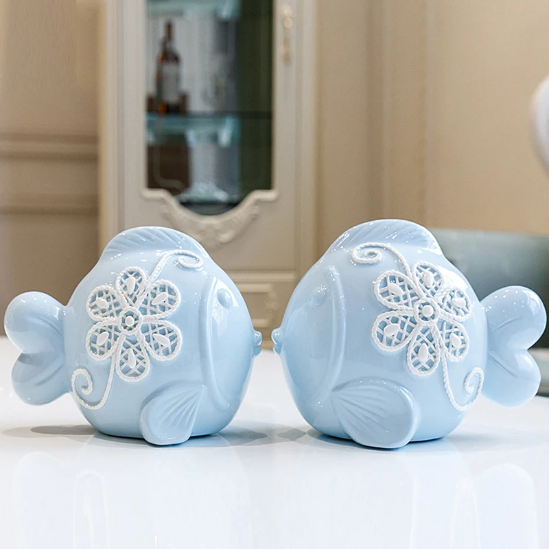 Высококачественный синий нефритовый фарфор целующиеся рыбы украшение для