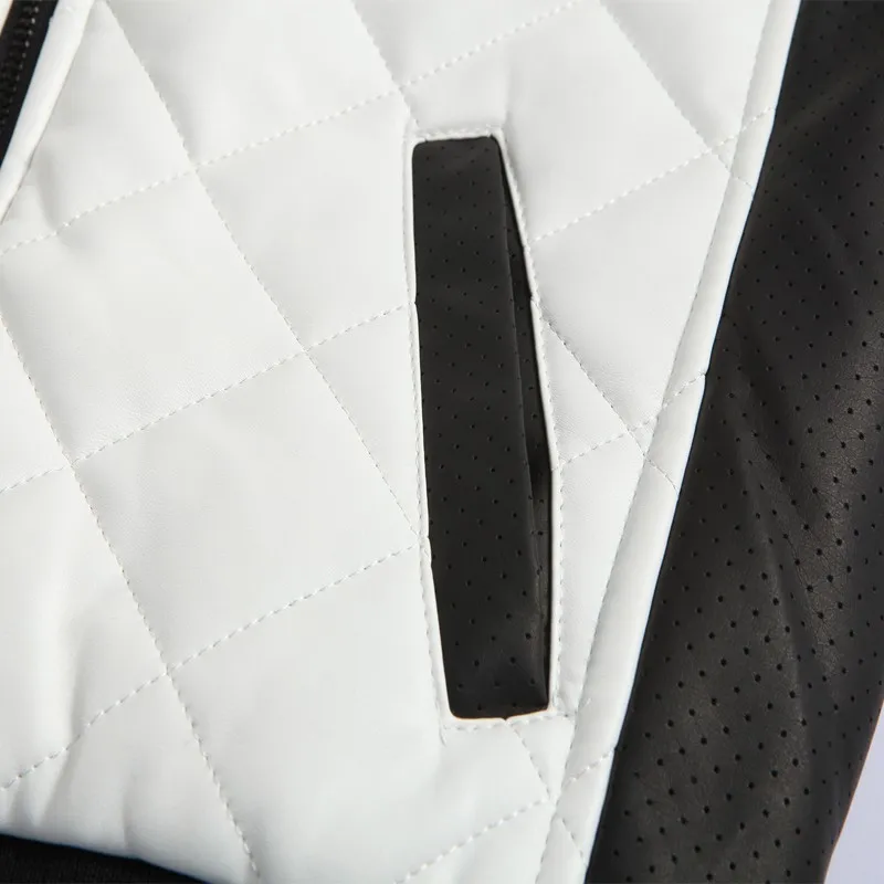 New Men Parkas Black White Patchwork PU Coat Standing Collar Zipper Regular Clothing Male Plaid Decoration Pocket Parkas