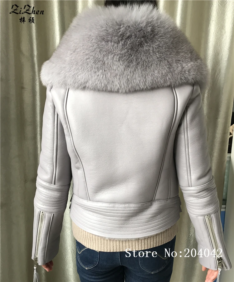 Новое зимнее женское пальто из натурального меха ягненка короткая куртка из овчины пальто с карманами из искусственной кожи воротник из натурального меха лисы 180628-3