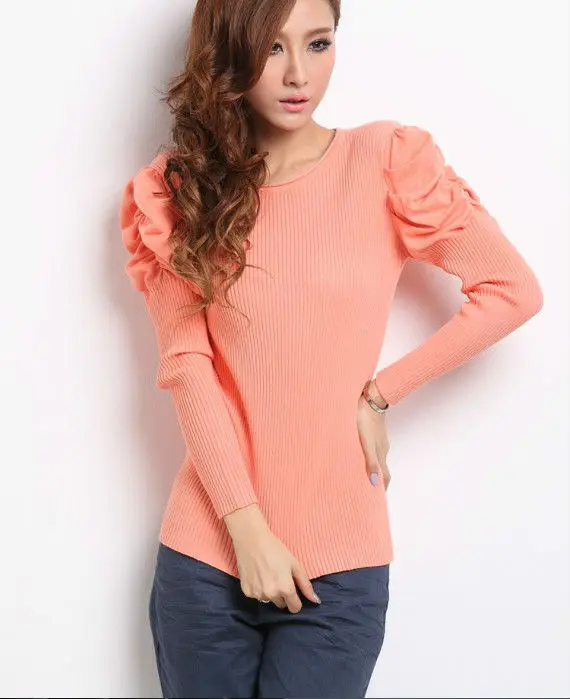 Freeshipping hot sale women knitted sweater long puff sleeve fashihon slim black designer pullover winter clothing Korea apparal | Женская