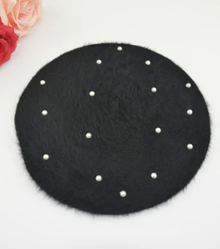 H04 black Модные однотонные теплые шерстяные весенние береты для женщин, французский берет для женщин с бриллиантами, лыжная шапка, 4 цвета - Цвет: H04 black
