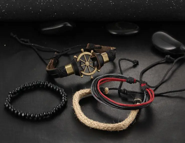 Многослойные кожаные браслеты мужские ювелирные изделия винтажный плетеный