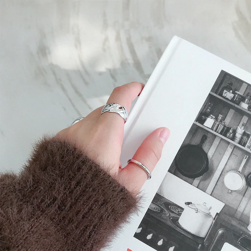 SHANICE INS, 925 пробы, серебряное, шикарное, в клетку, стильное, Открытое кольцо для женщин, большие, гладкие, широкие кольца для лица, для женщин, в стиле панк, Bijoux Femme
