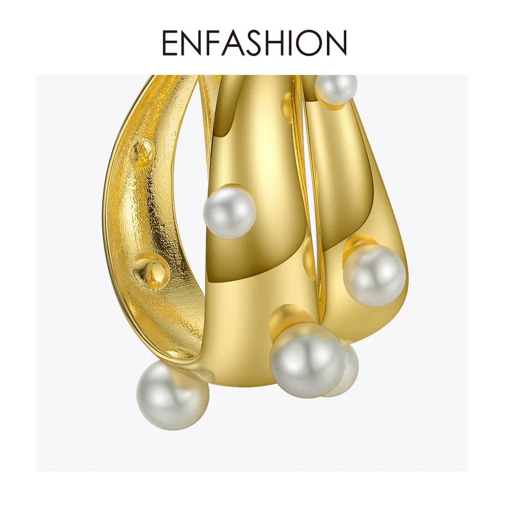 Женские серьги кольца ENFASHION в стиле панк с жемчугом золотистого цвета большие