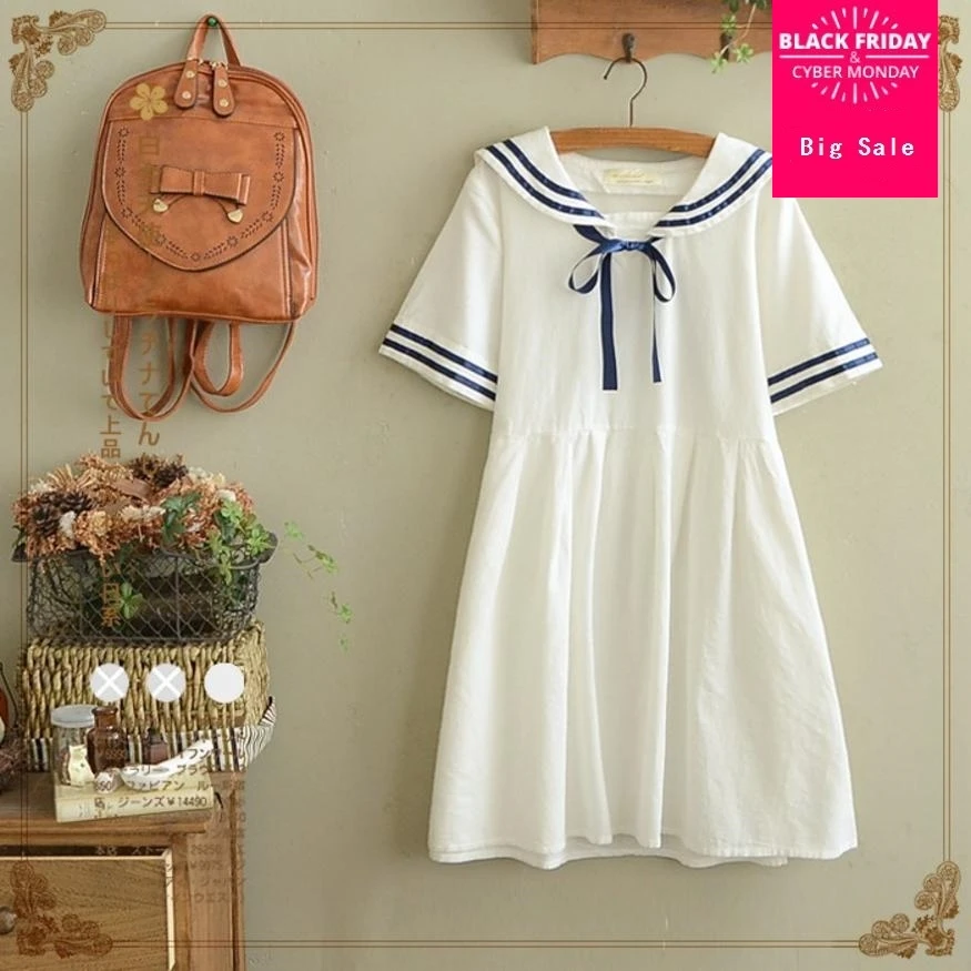 Japanese Mori Girl navy wind stripe streamer short sleeve bow dress female 2018 summer new slim was thin O-neck cotton dressL402 | Женская