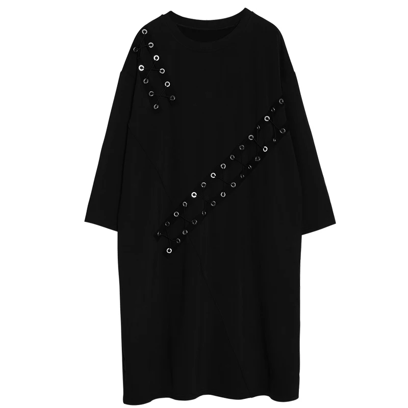 VGH Autumn Dresses For Women Round Neck Long Sleeve Casual Loose Black Women's Midi Dress Female Large Sizes 2018 Fashion Tide | Женская