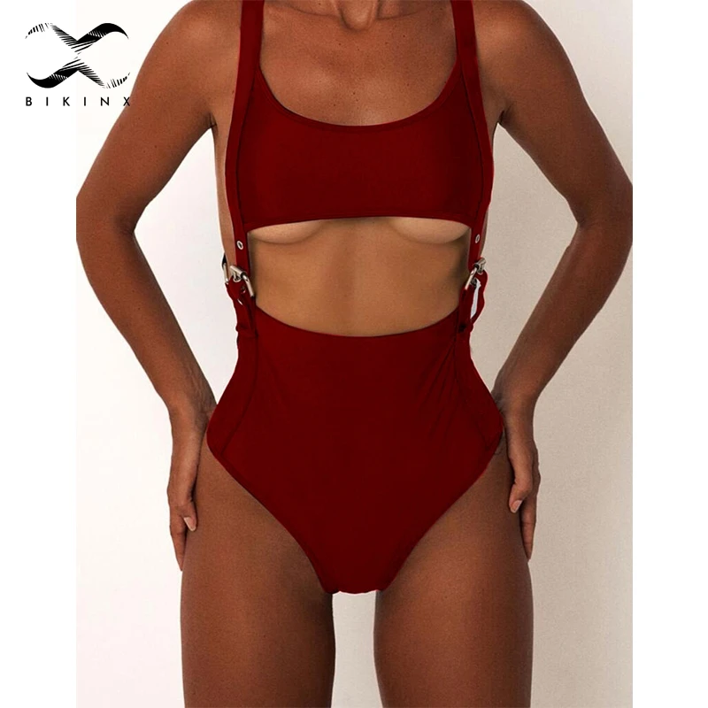 Bikinx сексуальный цельный купальник с заклепками на талии черный поясом 2018 бикини