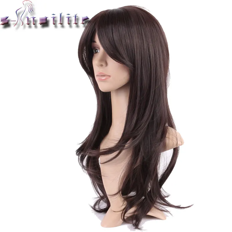 

S-noilite Long Dark Brown wig Silky Straight Glueless Synthetic hair Wig women long hair wig for party daily wig with bangs