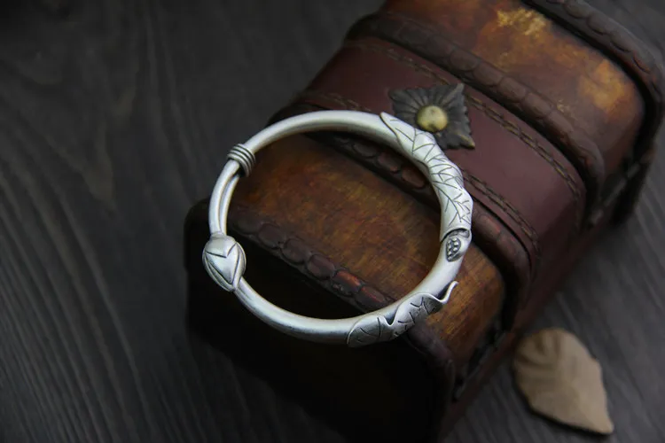 Pure Silver Ethical 925 Sterling Thai Bracelets Bangles Vintage Matt Open Size S925 Bangle Jewelry With Lotus Leaf Seed | Украшения и
