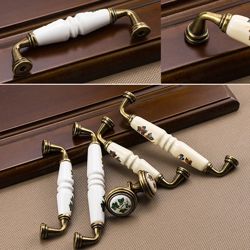 Винтажная сельская керамика дверь для ящика шкафа ручки зеленый/красные листья