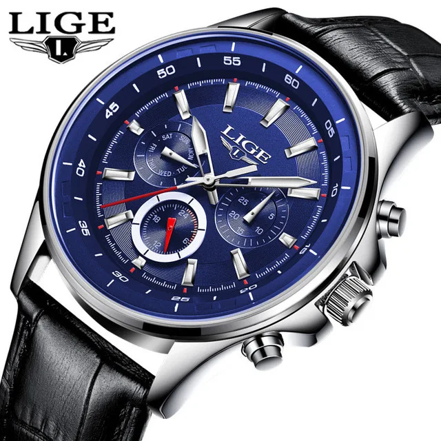 leather blue LIGE спортивные мужские часы, мужские кварцевые наручные часы, водонепроницаемые, ударопрочный стальной ремешок, черные армейские мужские часы, мужские часы Hodinky+ коробка - Цвет: leather blue