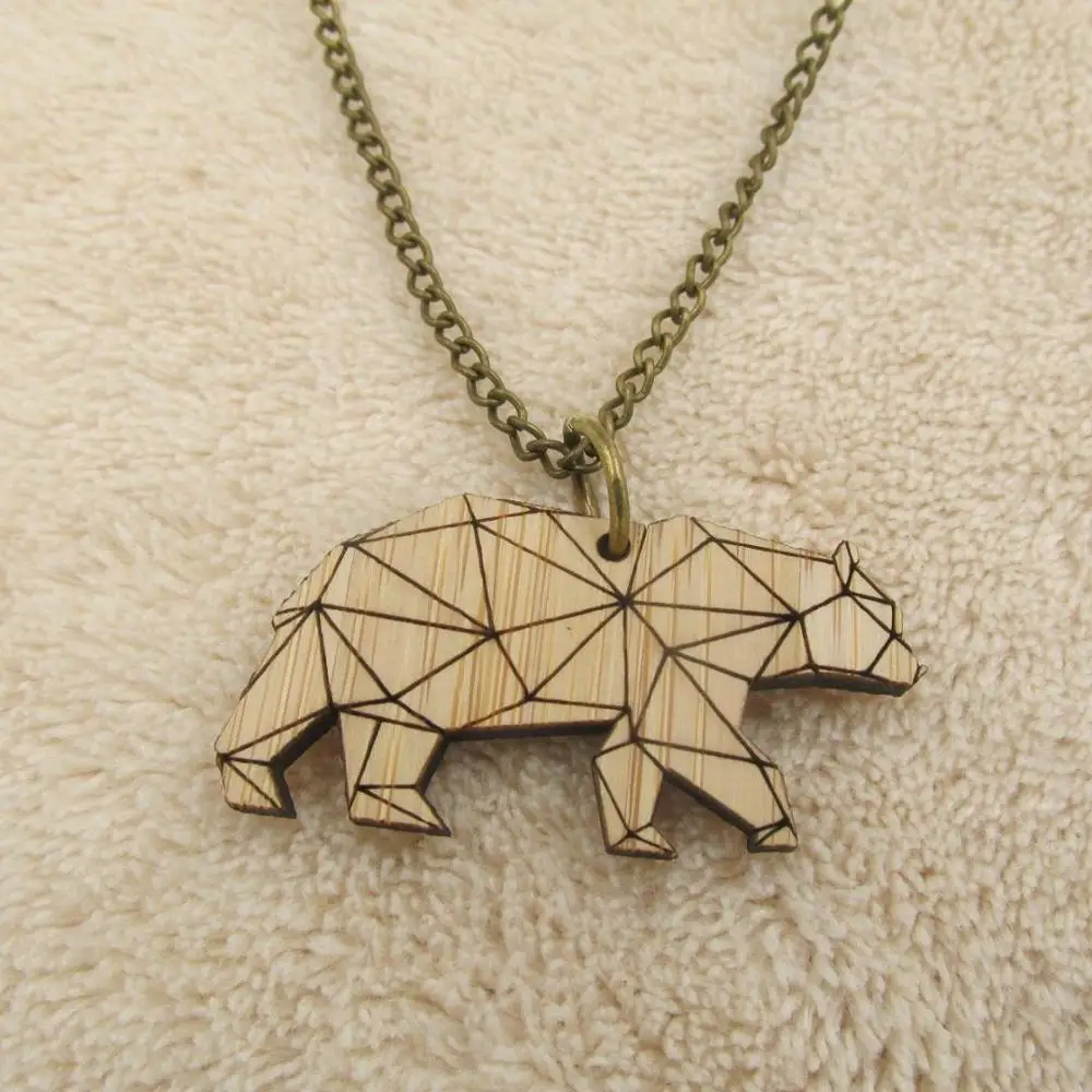 laser engrave bear Модный оригами коала медведь ожерелье милые деревянные животные кулон форма лесной подарок для нее - Окраска металла: laser engrave bear