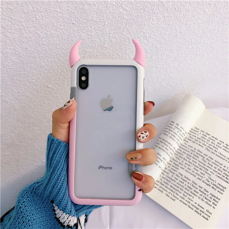 Haissky 3D Забавный чехол для телефона с рогом дьявола для iPhone Xs Max XR X 8 7 6 прозрачная акриловая задняя крышка для iPhone 6 7 8 Plus Coque - Цвет: Pink