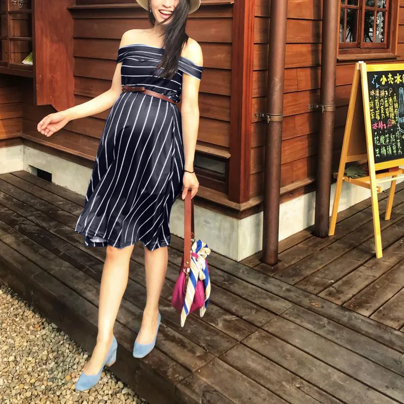 Одежда для беременных платье с открытыми плечами в полоску летнее платья женщин