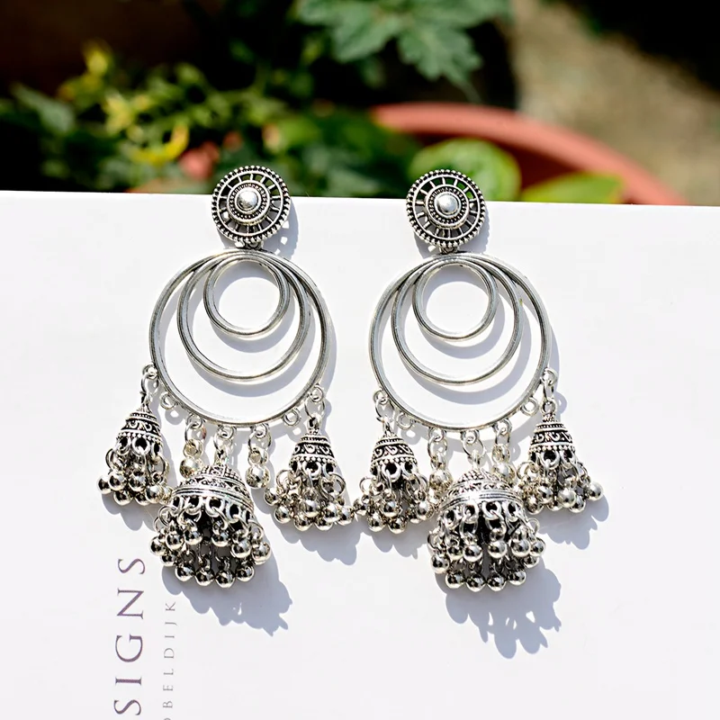 

2023 New Indian Gypsy Jewelry Bohemia Ethnic Big Bells Tassel Drop Earring Ladies Metal Circle Dangle Earrings For Women