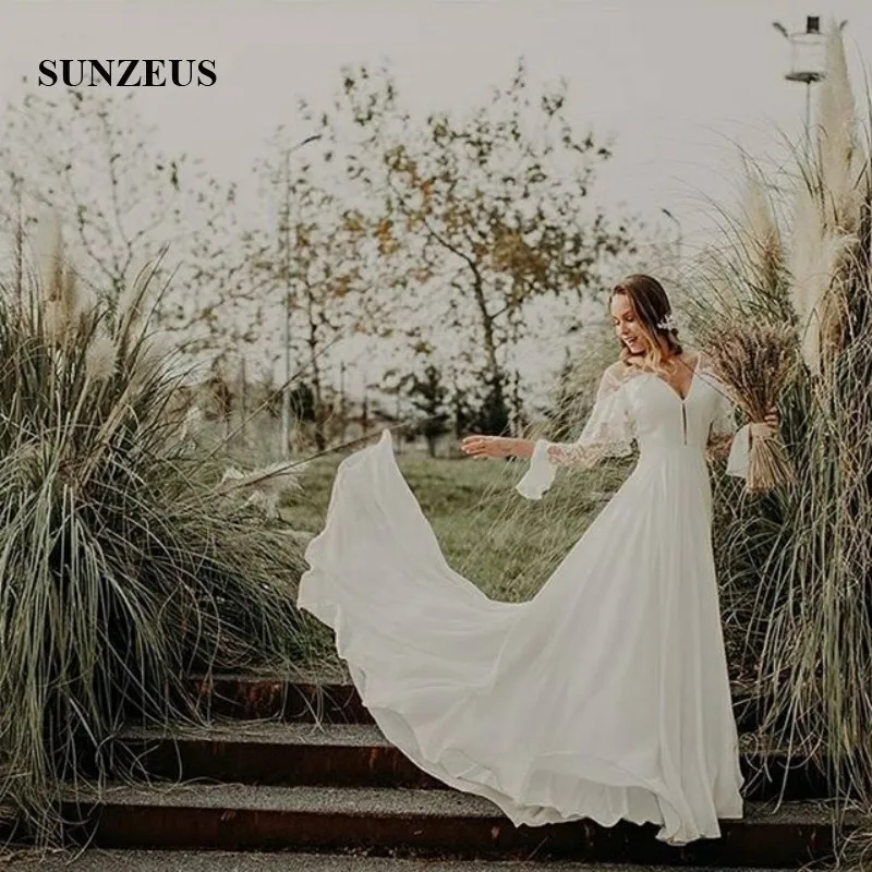 

V Neck Ivory Chiffon Beach Wedding Dresses 2019 A-Line Lace Bride Dresses Ruffles Flare Long Sleeve Wedding Gowns SW06