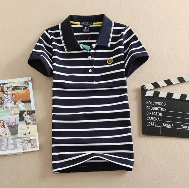 

Baharcelin Woman Girl Summer Shirt Tops Tees Turn Down Collar Short Sleeve Cotton Tees Female Tops Mujer embroidery Striped Tops