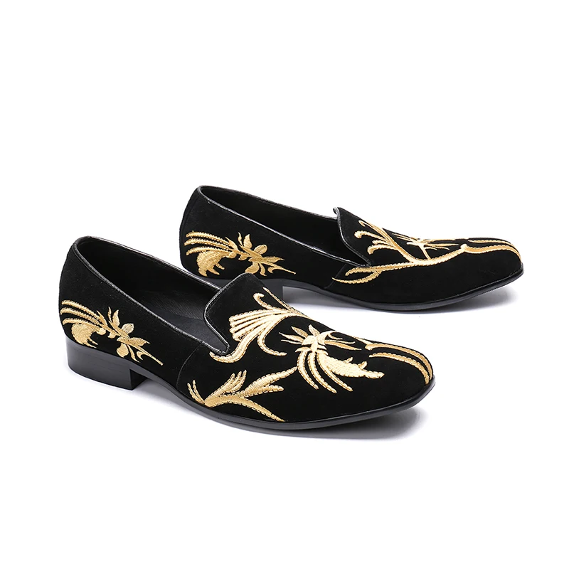 New Comfortable Flock Mens Loafers Luxury Gold Embroidery Casual Flats Breathable Slip-On Low Heels Black Party Shoes Man | Обувь