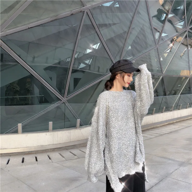 Cakucool 2020 Sweater Women Pull Femme Asymmetric Design Shiny Silver Lurex Christmas Korean Oversize Mid Long Jumpers | Женская одежда