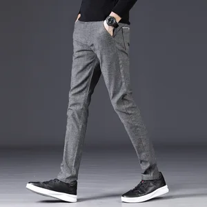 Осенне-зимние мужские повседневные брюки из хлопка, деловые модные тонкие тянущиеся брюки, Мужская брендовая одежда серого, черного, синего цвета