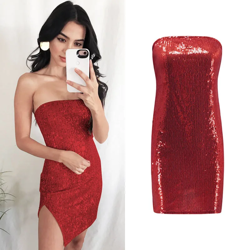Платье женское облегающее без бретелек пикантный мини сарафан с блестками и