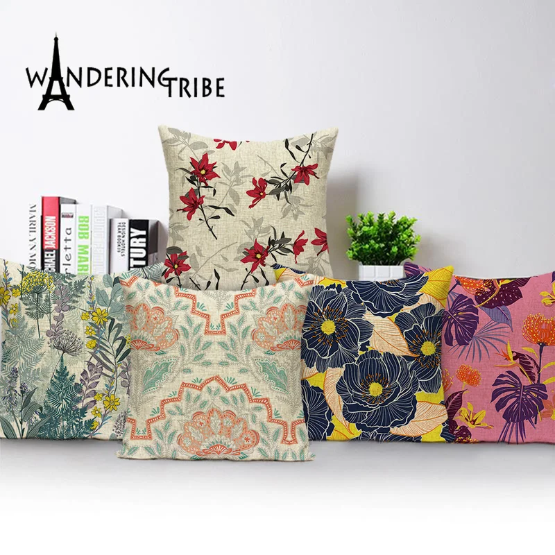 

Retro Decor Cushion Cover Plant Flowers Colorful Home 45 x 45 cm Throw Pillow Case Farm House Decorate Sofa Cushions Covers