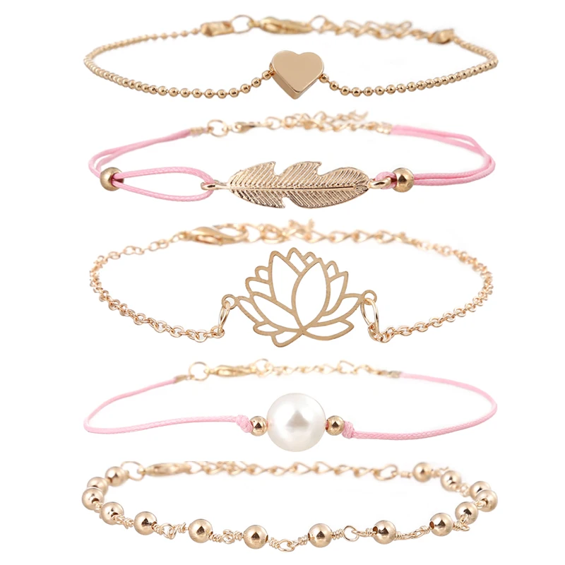 YAOLOGE New Product Wholesale Women Imitation Pearl Lotus Adjustable Pendant Multilayer Bracelets Zinc Alloy Vintage Romantic | Украшения и