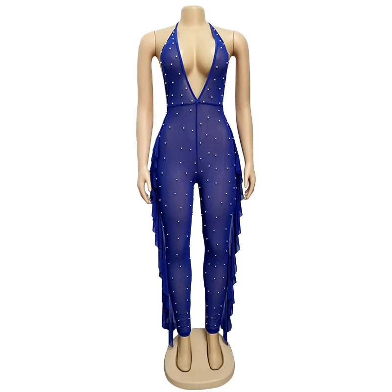 

Echoine Sexy Sheer Mesh Beading Jumpsuit Deep V-neck See Through Bodysuit Backless Long Romper Women Party Night Clubwear