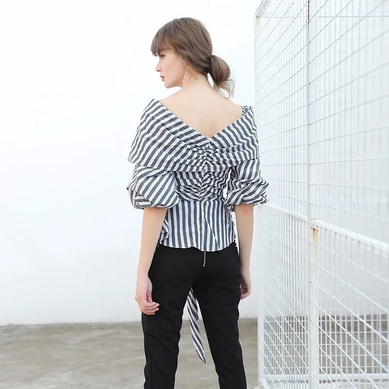 GALCAUR/женская рубашка с вырезом лодочкой в полоску открытыми плечами пышными
