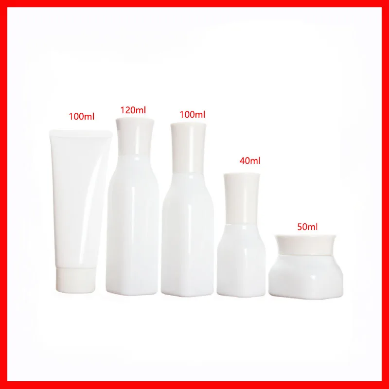 

50/40/100/120ML white Empty glass bottle/jar lotion/mist spay pump Cosmetic Packing Refillable Bottles w white cap soft tube