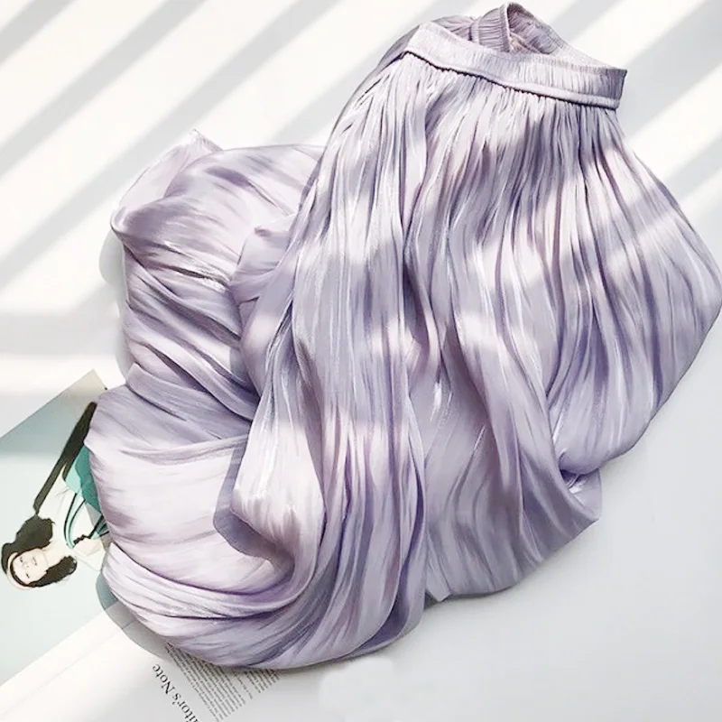 light purple Супермодные летние шелковые юбки до середины икры с металлическим рисунком, мягкие плиссированные длинные юбки трапециевидной формы с эластичной резинкой на талии, цвета: розовый, мятный, зеленый - Цвет: light purple