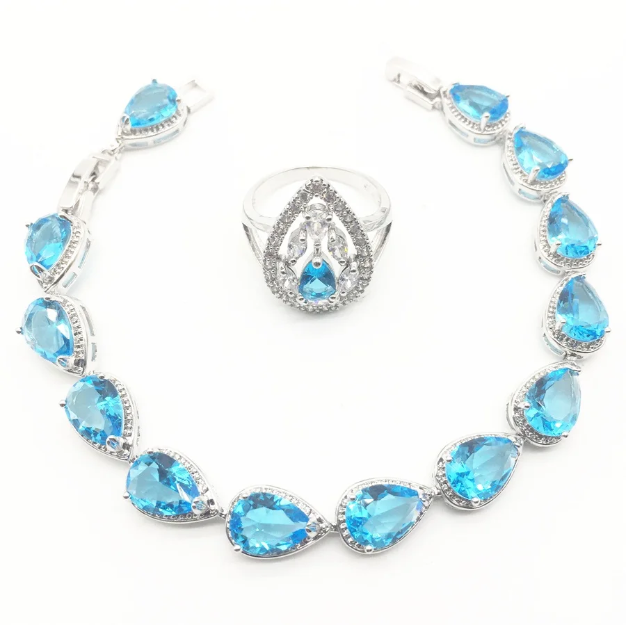 Sea-blue Zircon Costume Silver 925 Jewelry Sets Women Bracelets Earrings With Stones Pendant&ampNecklace/Rings Set Jewelery | Украшения и