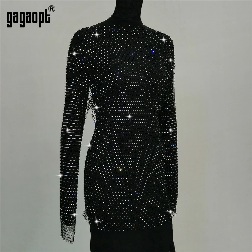 Gagaopt Bling Стразы Белый Черный Сетчатое Открытое платье сексуальное без ажурное