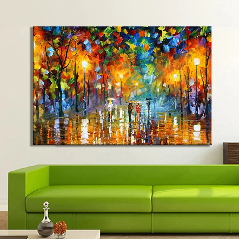 Large Handpainted Lover Rain Street Tree Lamp Landscape Oil Painting On Canvas Wall Art Pictures For Living Room Home Decor | Дом и сад
