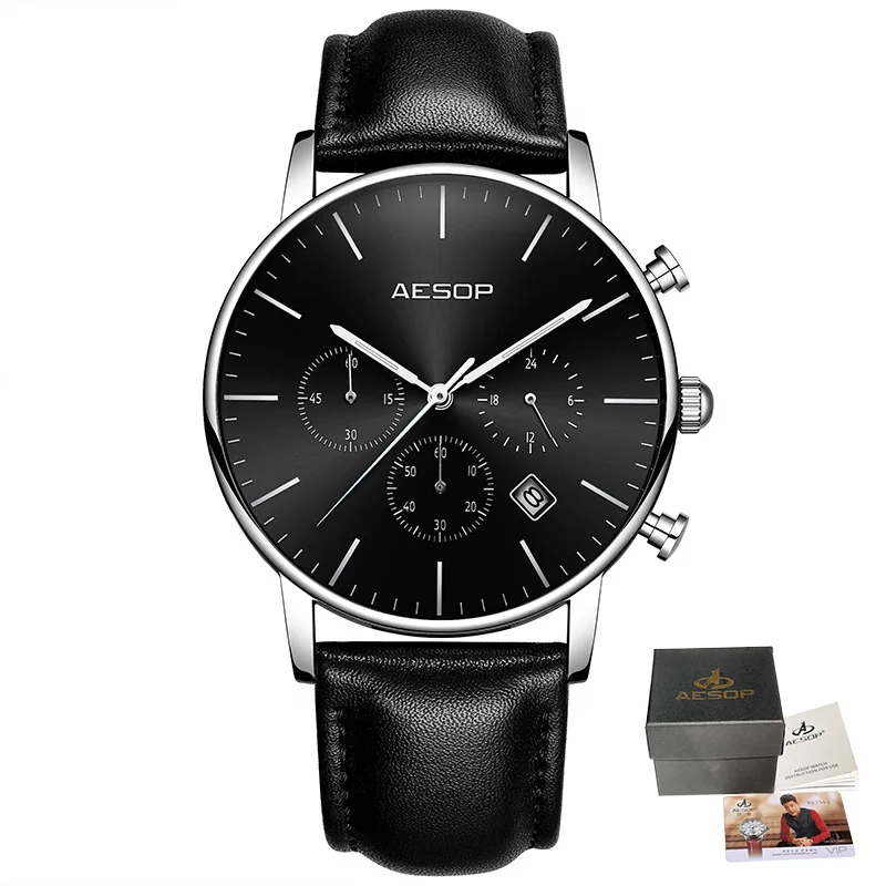 Black with box AESOP ультра-тонкие часы для мужчин Роскошные Мужские Спортивные кварцевые наручные часы кожаные мужские часы наручные часы водонепроницаемые Relogio Masculino - Цвет: Black with box