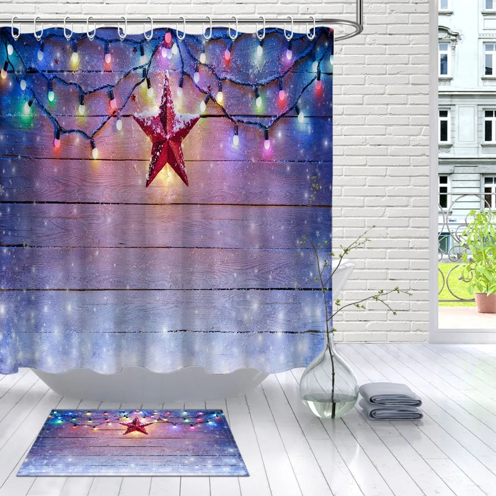LB 72''Christmas Lights And Star Hanging On Snowy Plank душевая занавеска и коврик набор