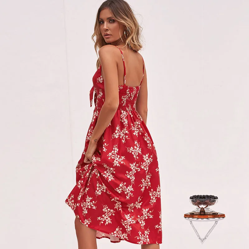 Casual Dress Women Spaghetti Strap Backless Deep V Neck Sexy Beach Party Female Lace Up Bow Print Summer Dresses chifave | Женская