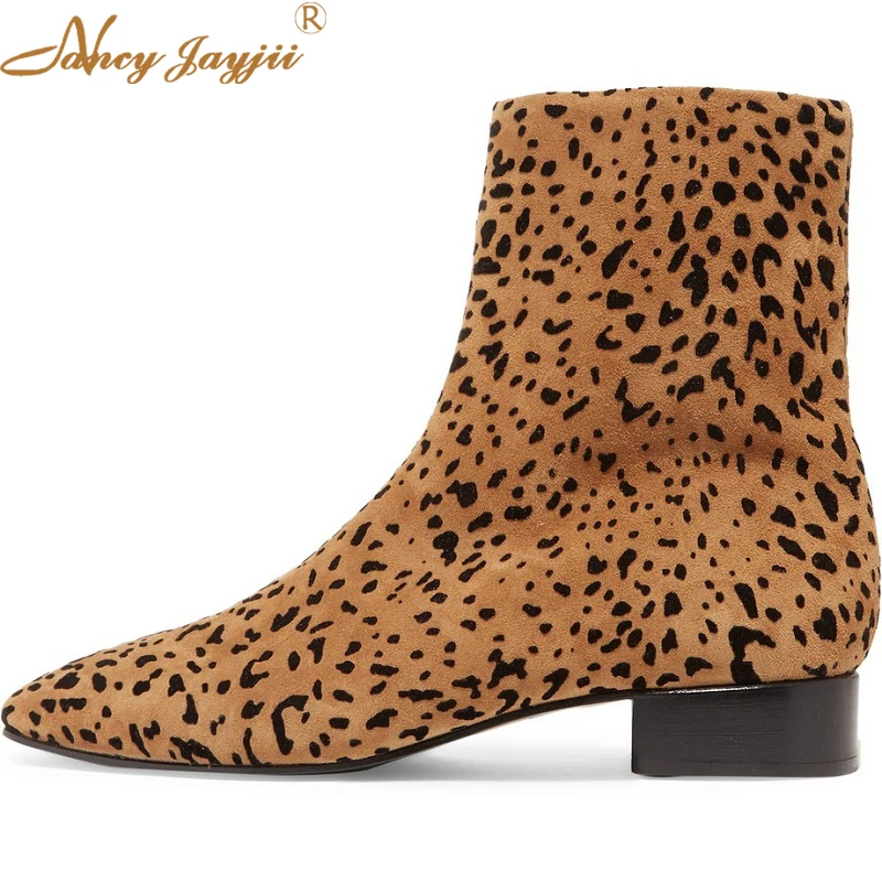 

Nancyjayjii Leopard Flock Sexy Women’S Ankle Boots Round Toe Med Chunky Heel Female Booties 2021 Winter Zipper Plus Size Shoes