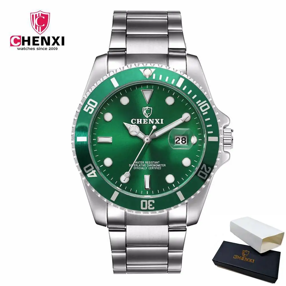green with box CHENXI Роскошные Серебристые мужские часы зеленого цвета из нержавеющей стали, японские мужские водонепроницаемые повседневные деловые мужские спортивные наручные часы - Цвет: green with box
