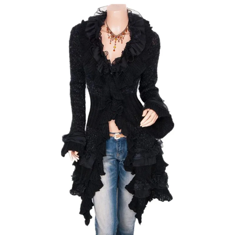 Ruffles sweater cardigan women knitted long autumn lace spliced vintage ladies cute ruffled collar butterfly Sleeve |