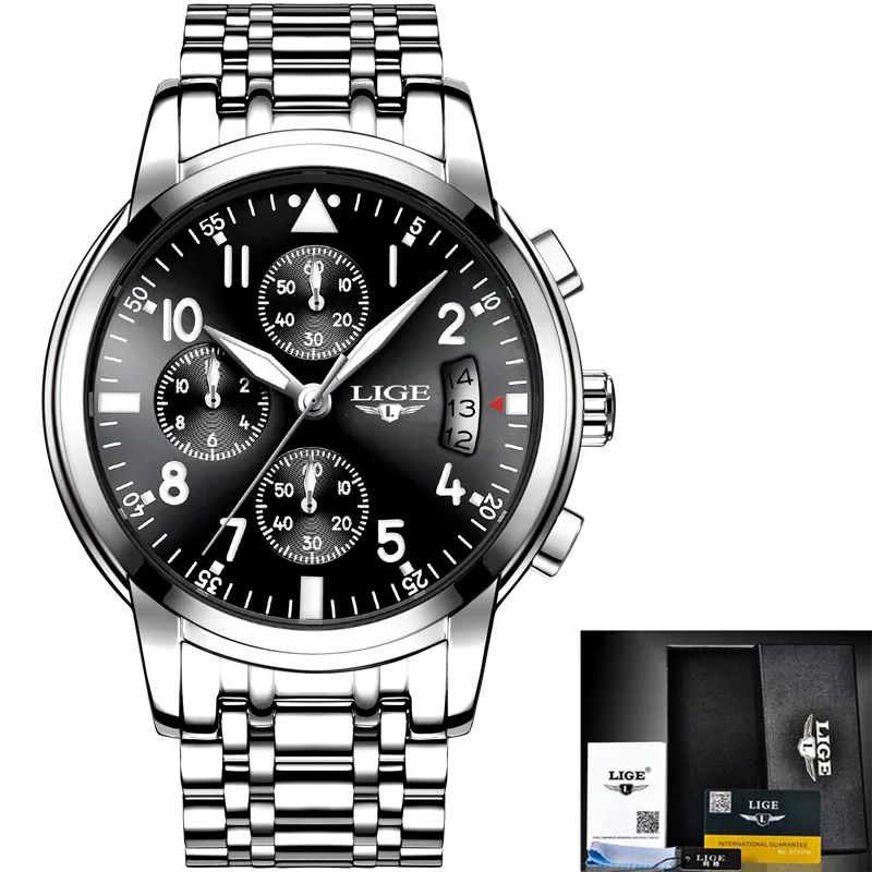 LIGE мужские часы Reloj Hombre Топ бренд класса люкс Модные Бизнес Кварцевые Спортивные полностью стальные водонепроницаемые черные часы Relogio Masculino - Color: Silver steel black