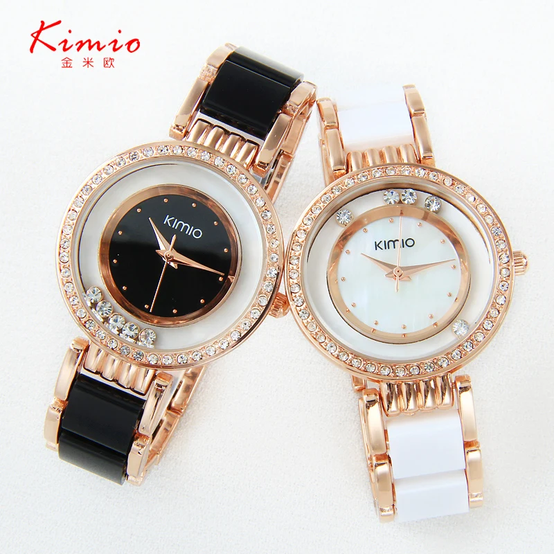 Kimio ultra slim Топ Брендовые женские часы Женская Кристалл Черный керамика золото