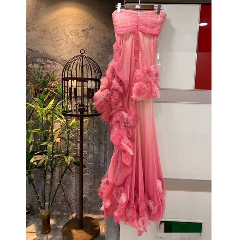 

2019 Latest Fashion Show Runway Dress Sweet Pink Sheer Mesh Long Dress Elegant Luxury Celebrity Evening Party Dresses Vestido