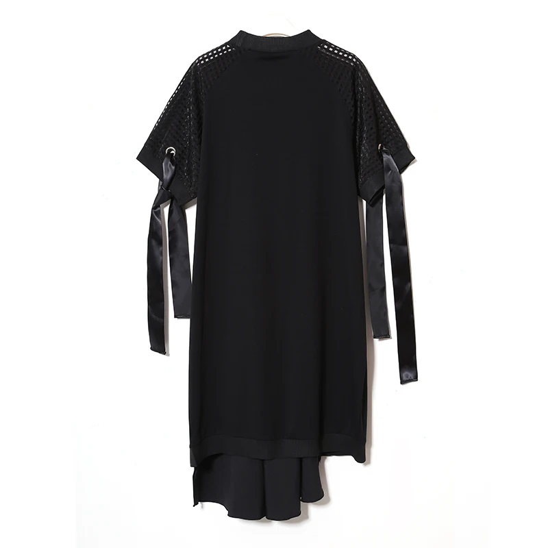 Лето поддельные две пьесы марлевые лоскутное dress женщины тонкая талия кружева