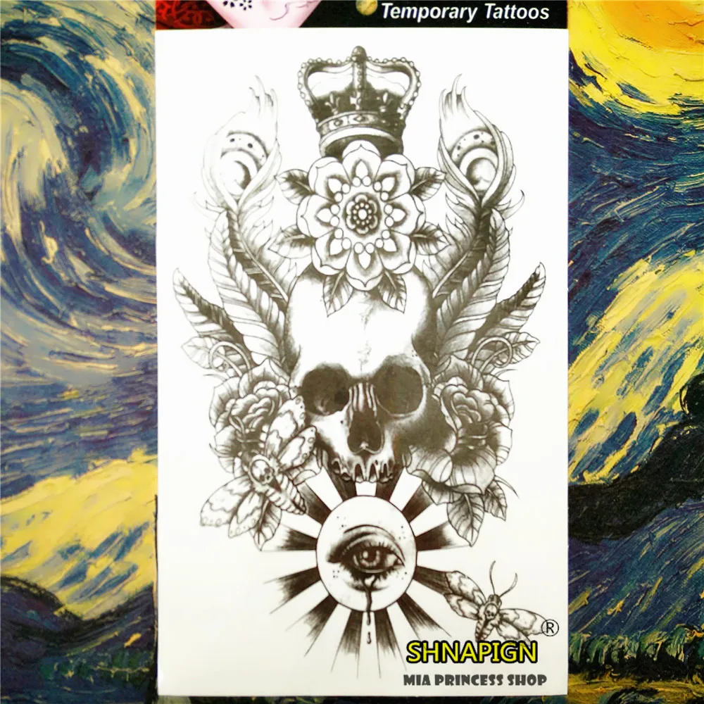 SHNAPIGN черный глаз Скелет Временные татуировки боди арт 12*20 см флэш наклейки