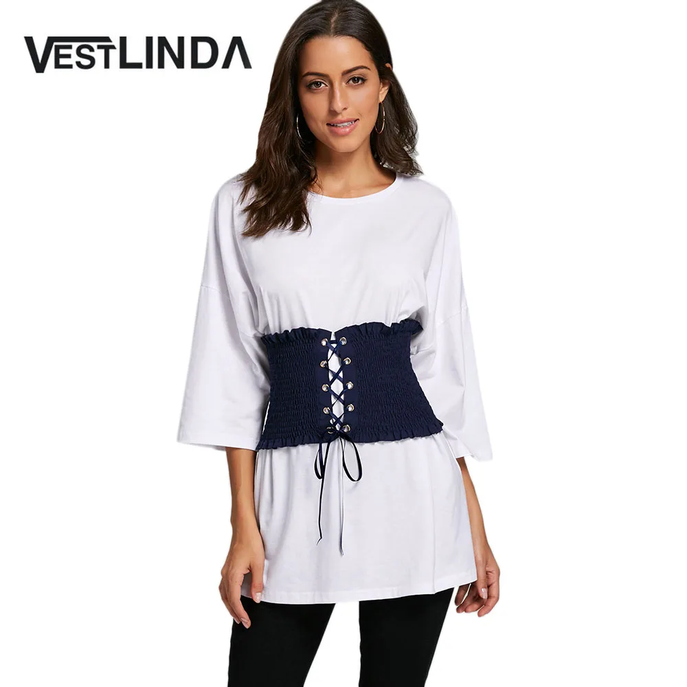 VESTLINDA корсет пояс Падение плеча Туника Футболка для женщин 2017 Осень Повседневная