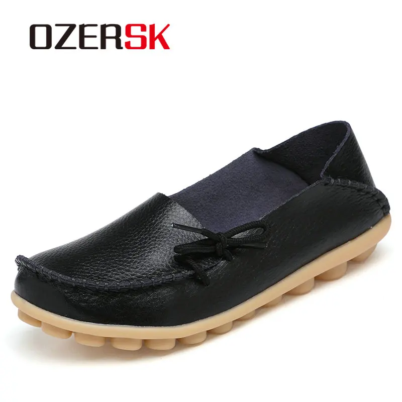 Black OZERSK/брендовые летние новые популярные лоферы на плоской подошве; Повседневная дышащая обувь из мягкой натуральной кожи; женская обувь; большие размеры 34-44 - Цвет: Black